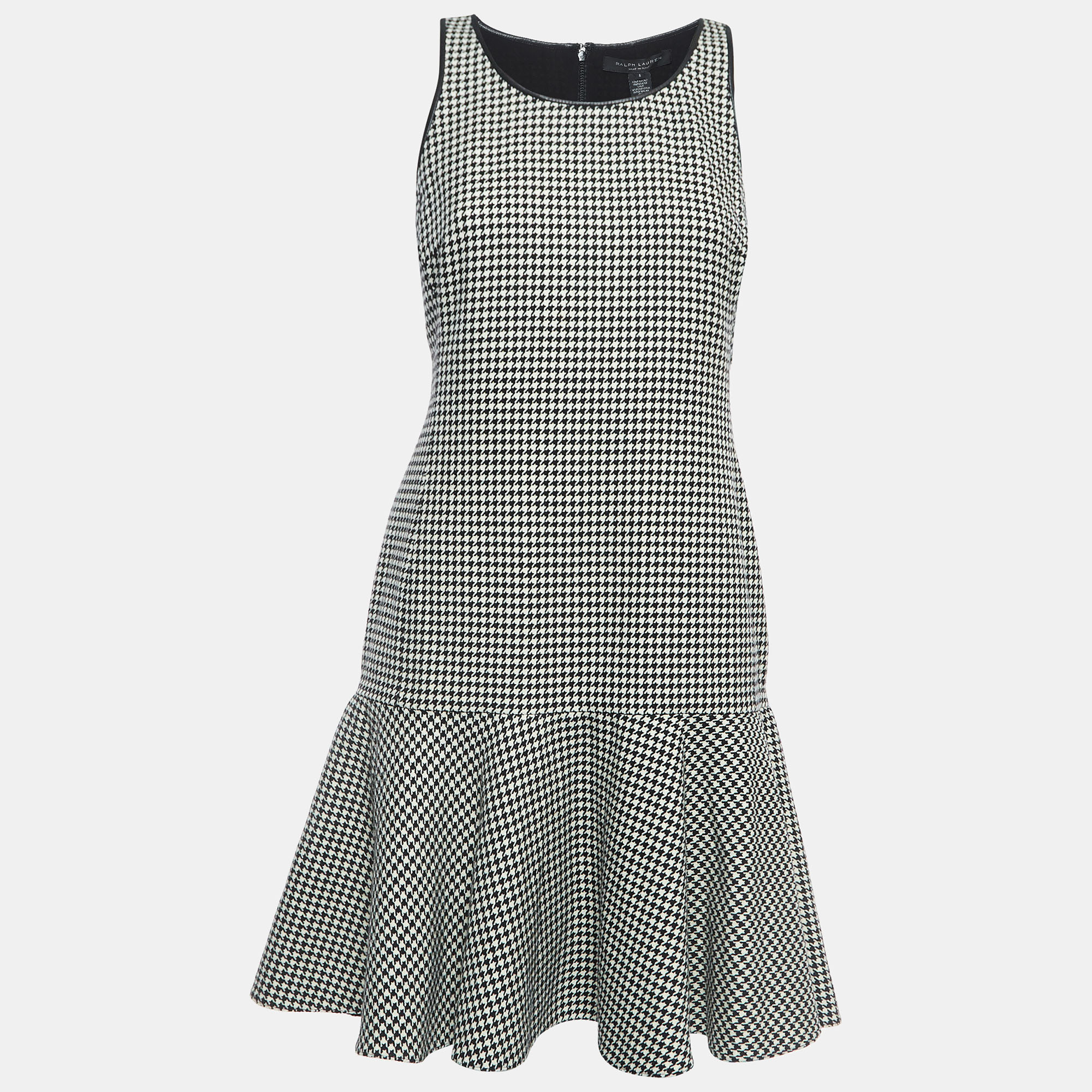 Pre-owned Ralph Lauren Black/white Houndstooth Pattern Wool Flounce Mini Dress M