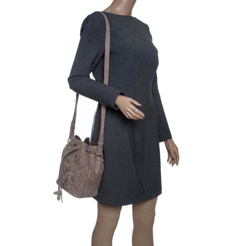 

Ralph Lauren Taupe Embroidered Leather Small Drawstring Bucket Bag, Beige