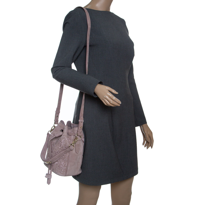 

Ralph Lauren Taupe Embroidered Leather Small Drawstring Bucket Bag, Brown