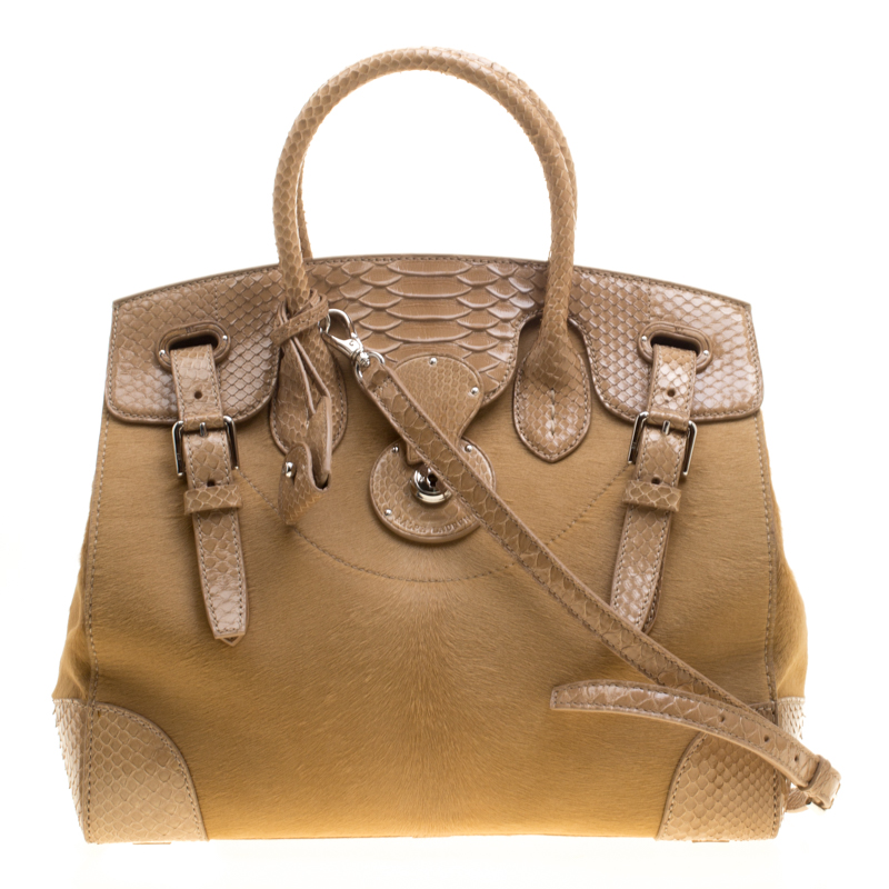 Pre Owned Ralph Lauren Beige Calf Hair and Python Ricky Top Handle Bag