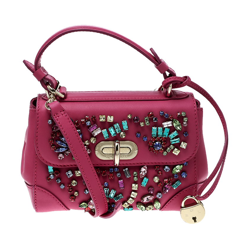 Pre Owned Ralph Lauren Pink Leather Mini Tiffin Crystal Embellished Top Handle Bag