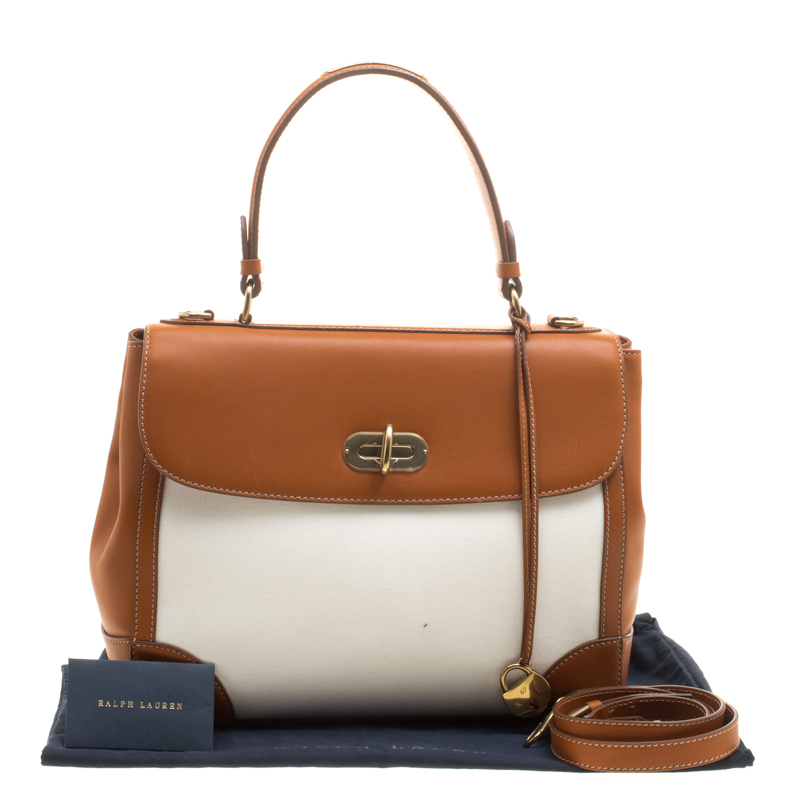 Ralph Lauren Brown White Leather and Canvas Tiffin 33 Bag Ralph Lauren TLC