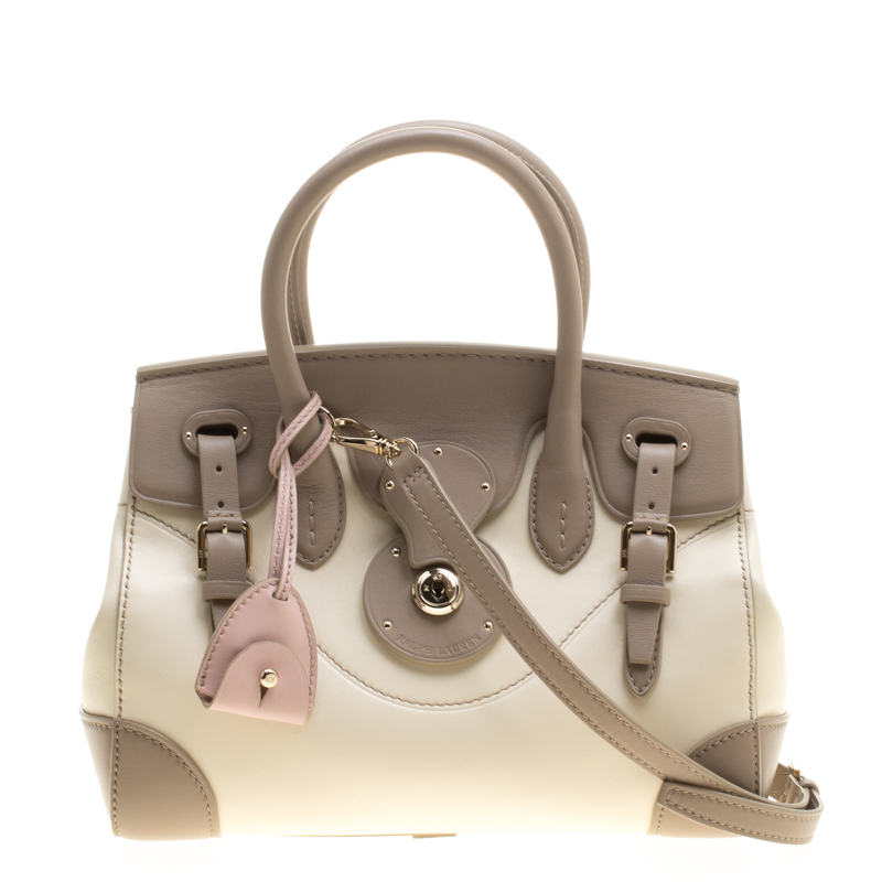 Pre Owned Ralph Lauren Taupe/Off White Leather Ricky Top Handle Bag