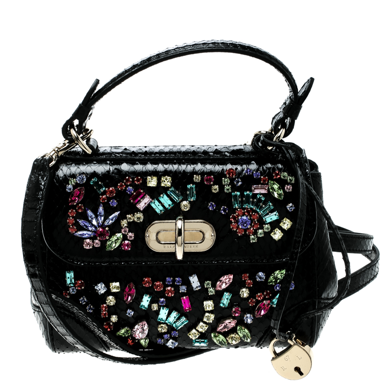 Pre Owned Ralph Lauren Black Leather Mini Tiffin Crystal Embellished Top Handle Bag