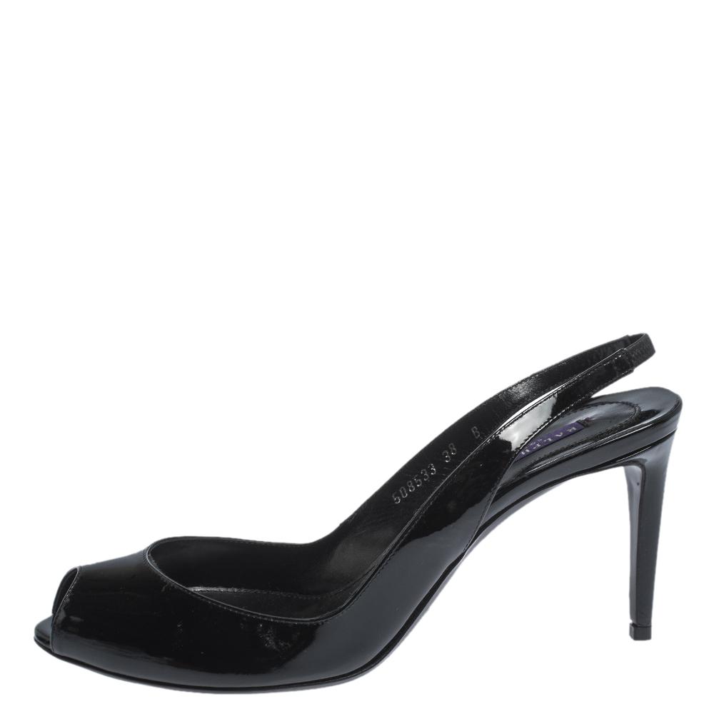 

Ralph Lauren Black Patent Leather Peep Toe Slingback Sandals Size