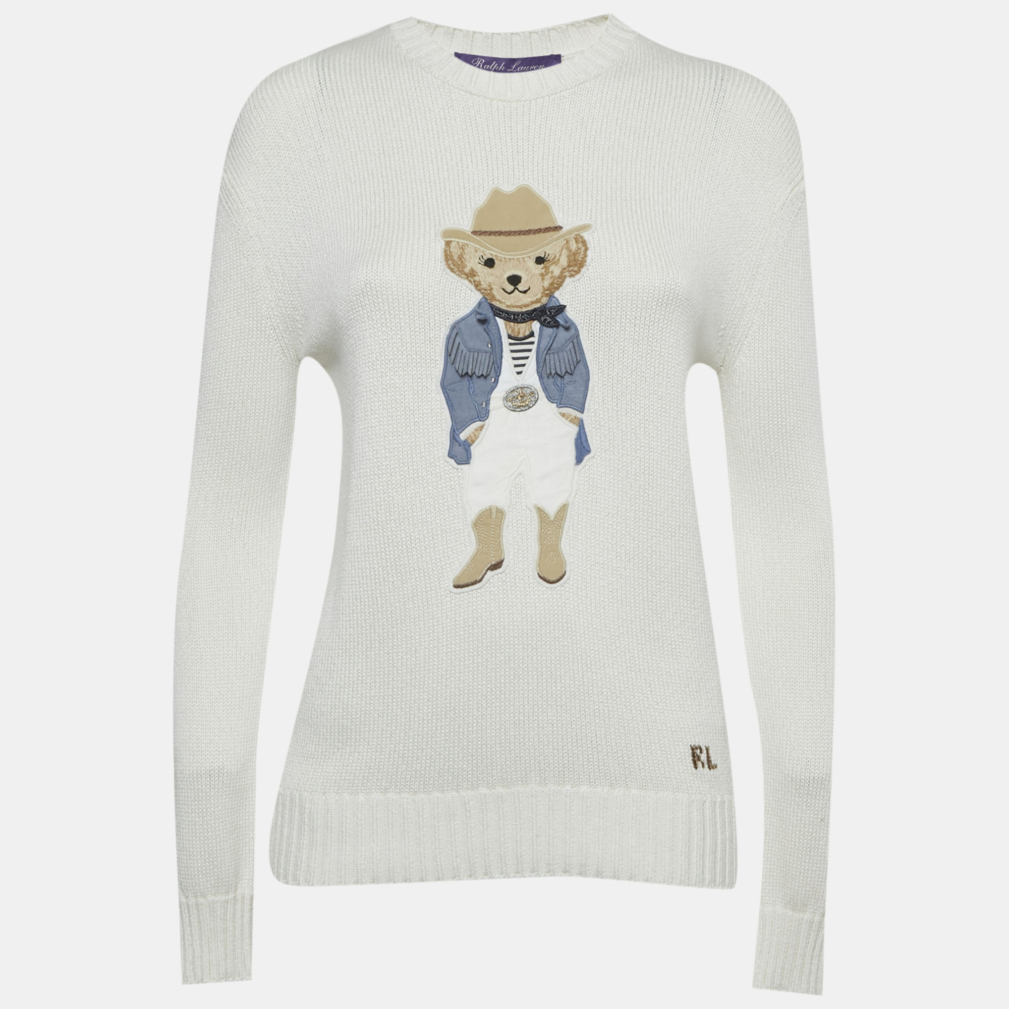 Pre-owned Ralph Lauren Polo  Ivory Suede Teddy Applique Knit Sweater Xs In White