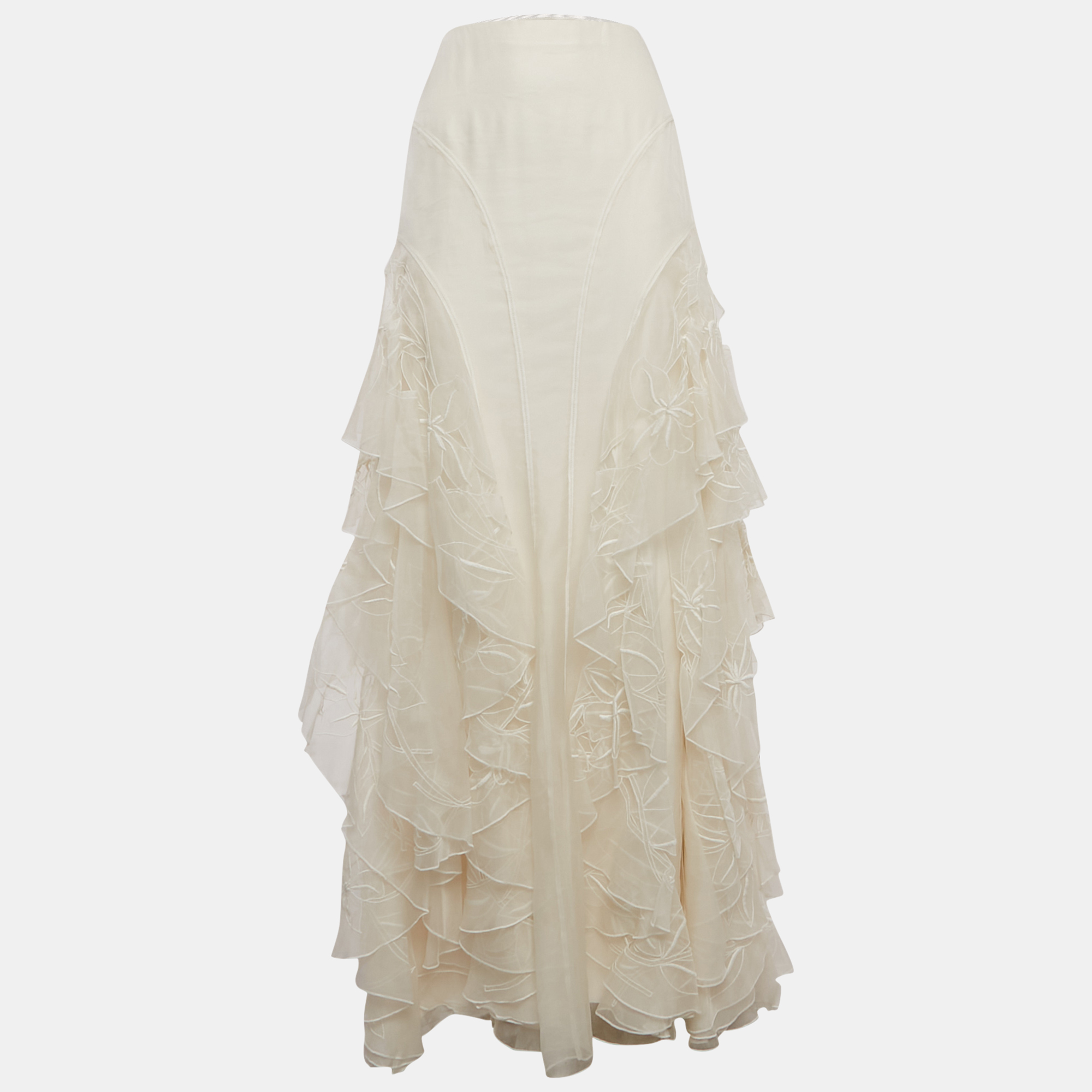 

Ralph Lauren Purple Label Ivory Embroidered Organza Silk Ruffled Maxi Skirt S, White