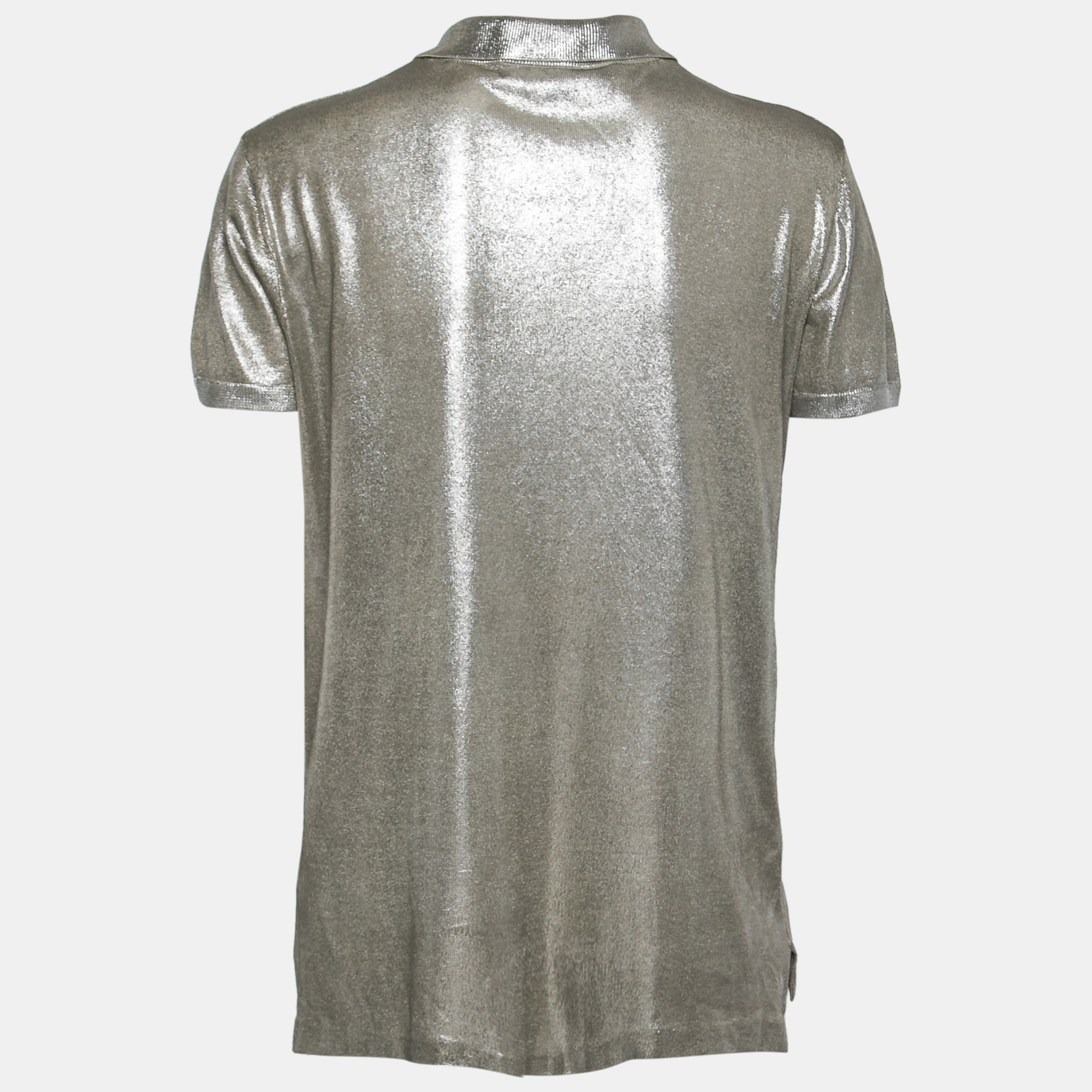 

Ralph Lauren Purple Label Silver Metallic Silk-Knit Polo T-Shirt