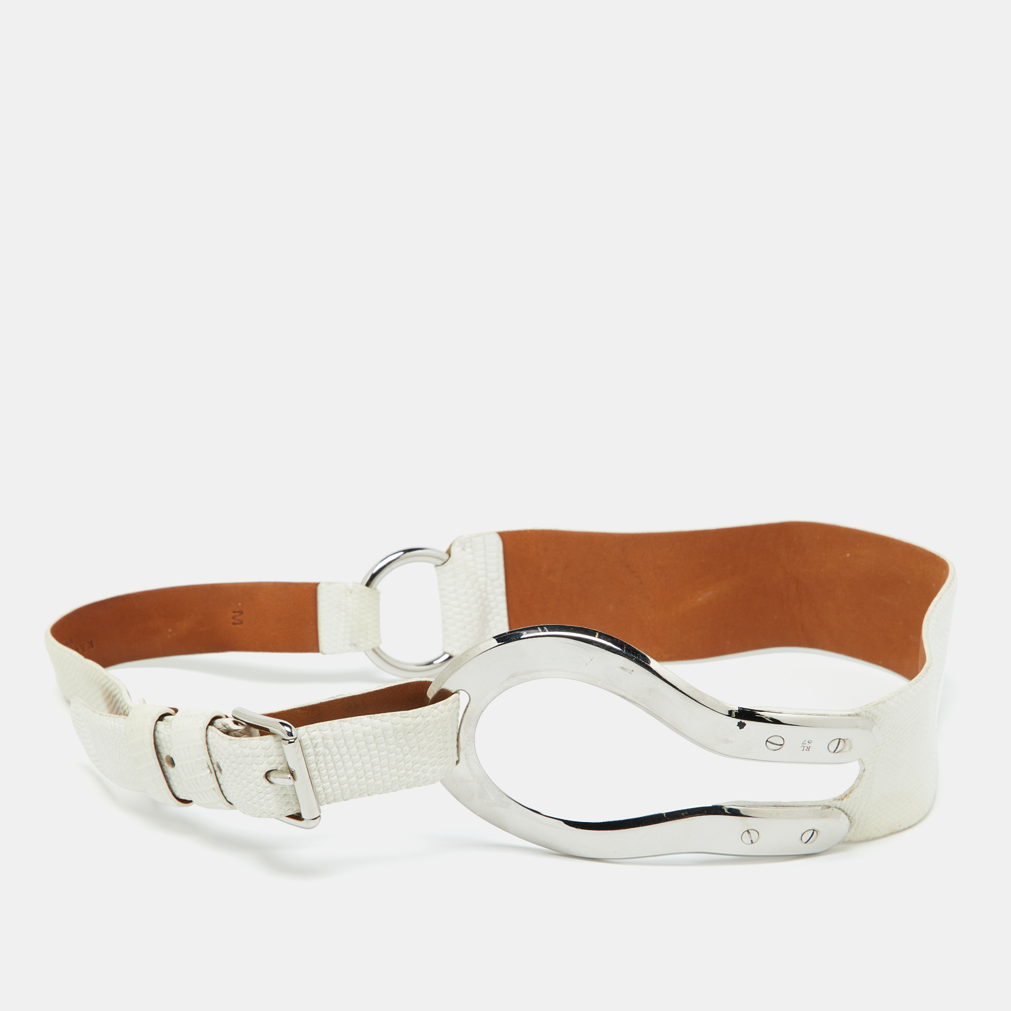 Pre-owned Ralph Lauren Off White Lizard Waist Buckle Belt 90cm