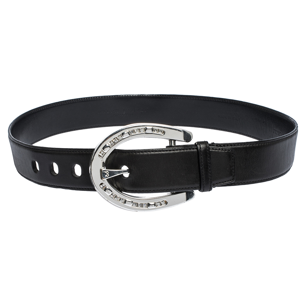 Ralph Lauren Black Leather Horseshoe Crystal Embellished Buckle Belt ...