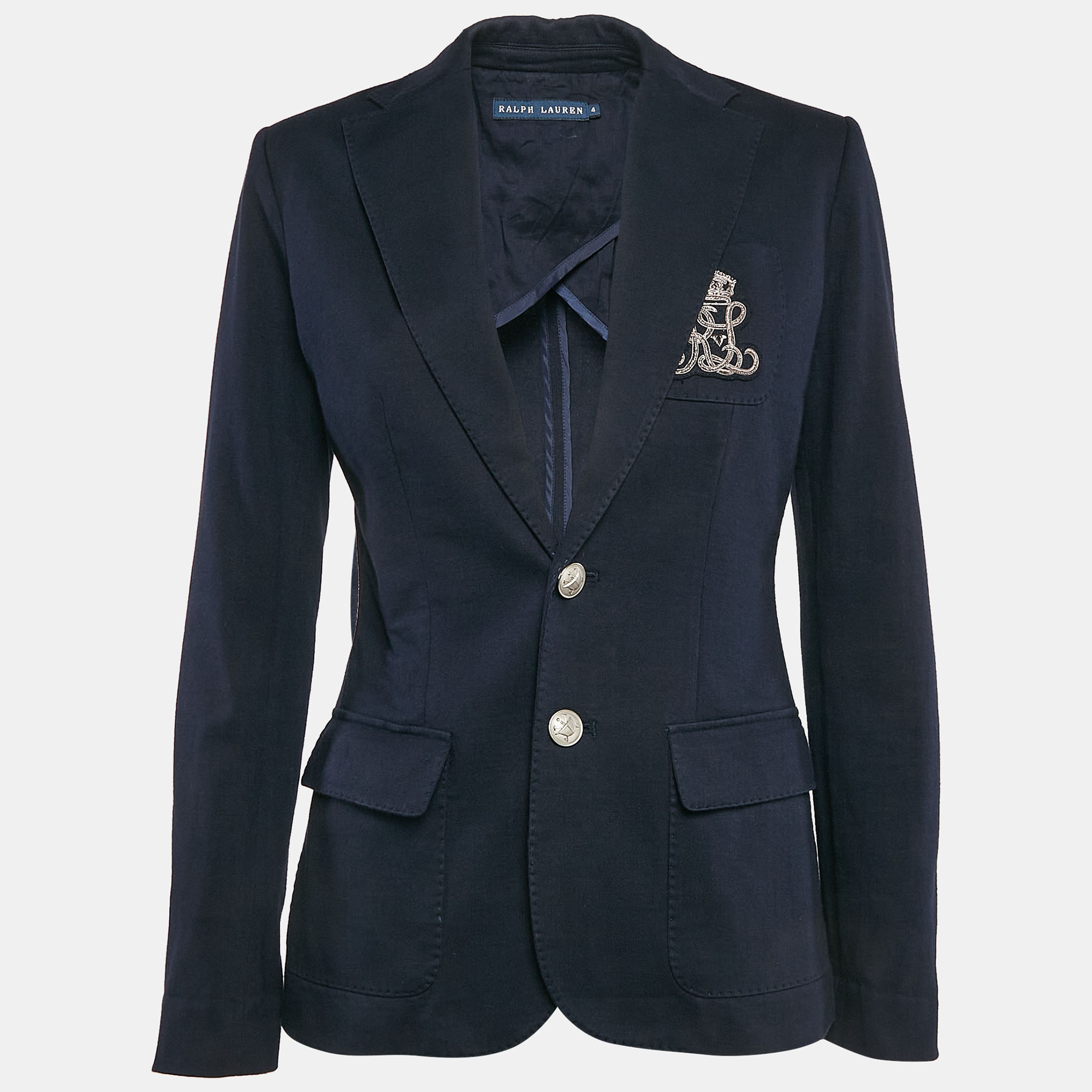 

Ralph Lauren Navy Blue Logo Applique Cotton Single Breasted Blazer S