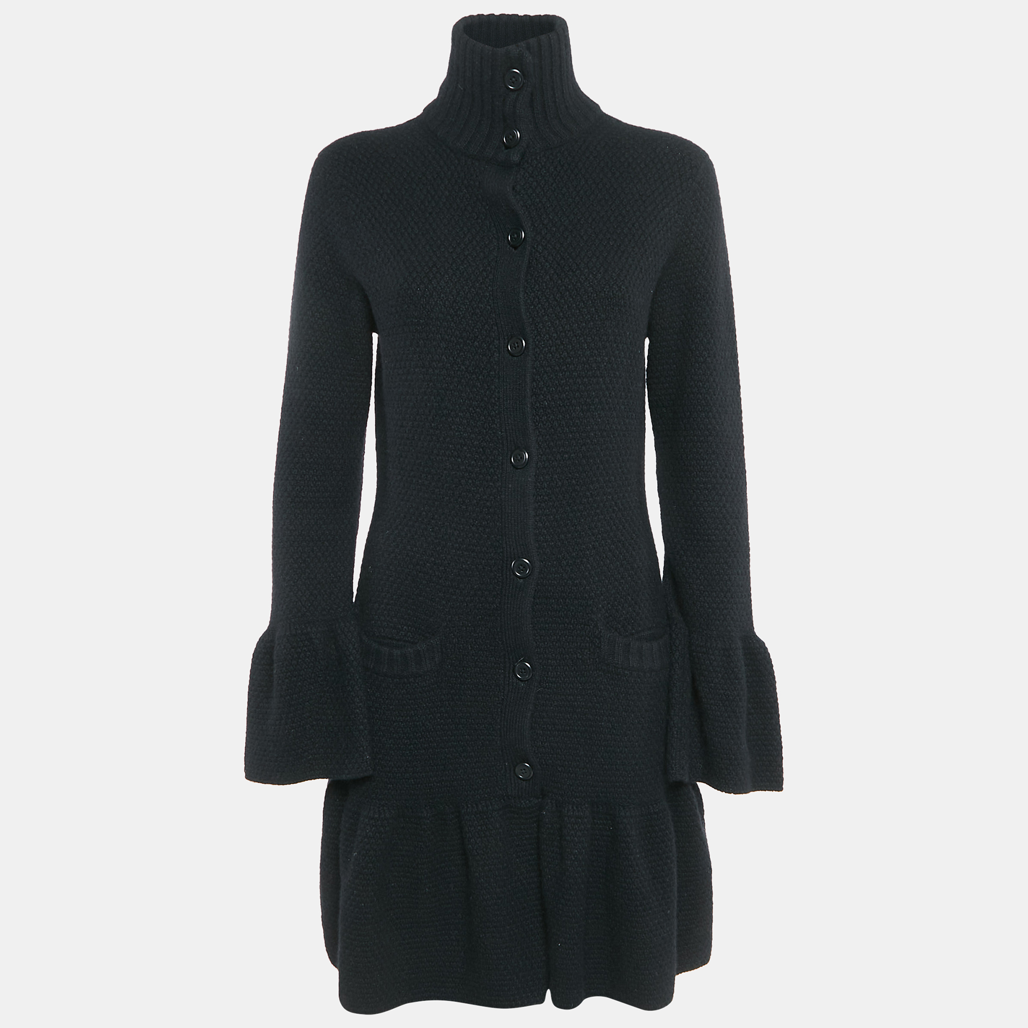 

Ralph Lauren Black Cashmere Knit Ruffled Mid-Length Coat L