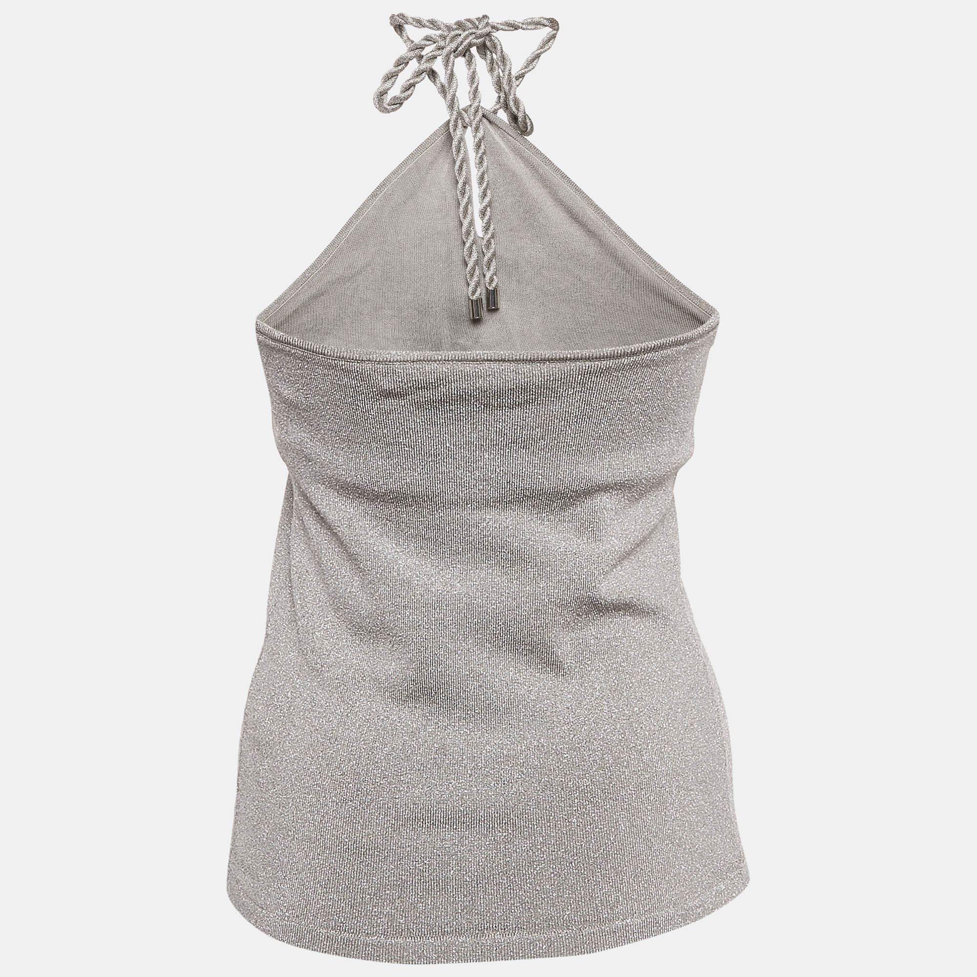 Ralph Lauren Grey Lurex Knit Tie-Up Halter Neck Top M 