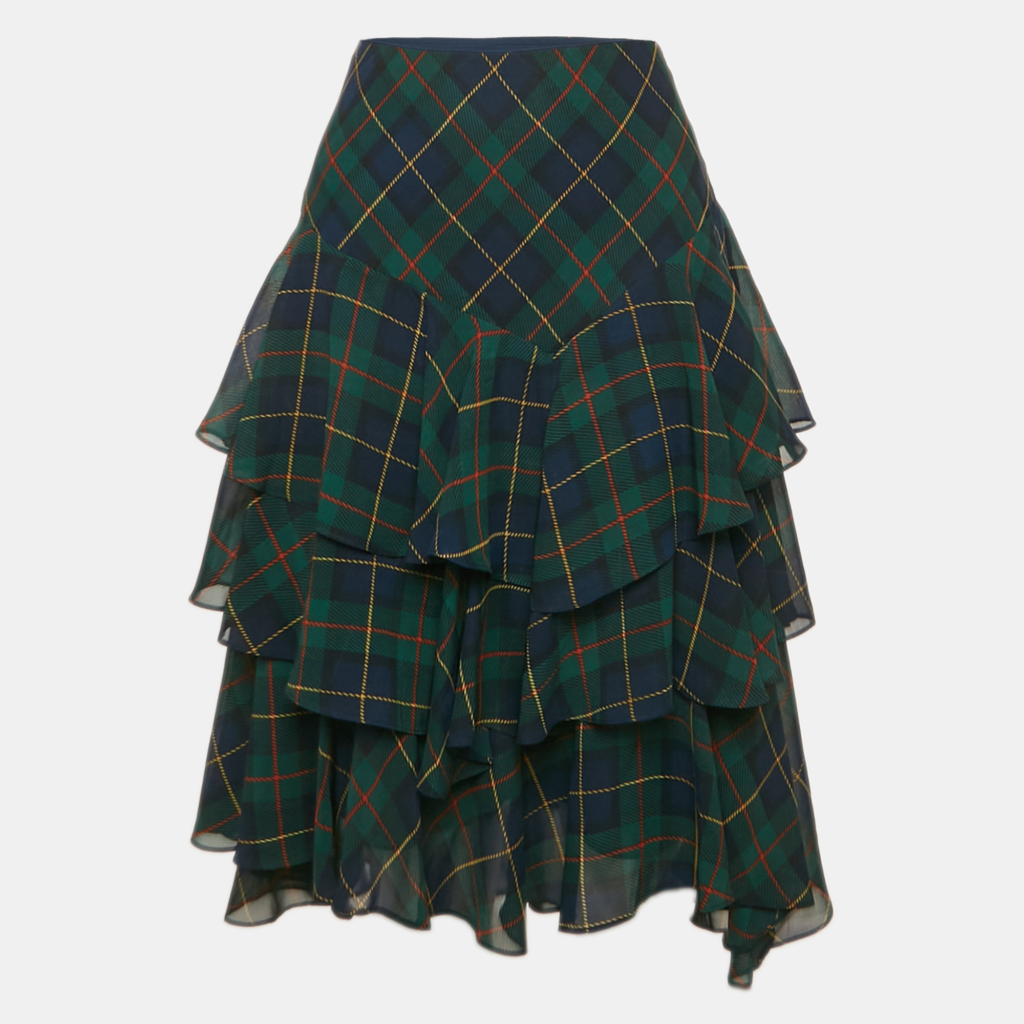 

Ralph Lauren Green/Multicolor Plaid Crepe Tiered Midi Skirt S