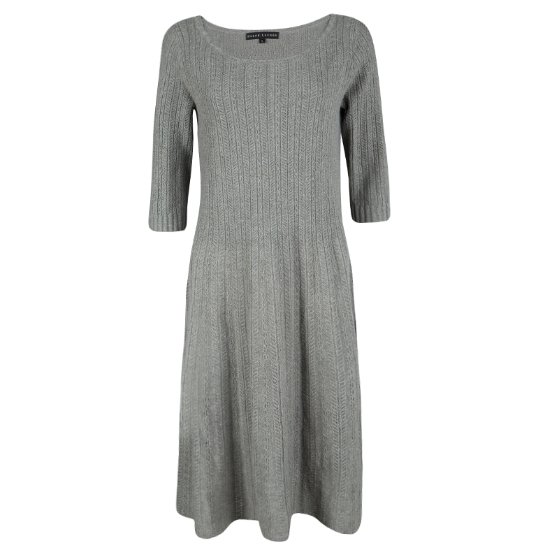 Pre Owned Ralph Lauren Grey Cashmere Perforated Knit Long Sleeve Dress XL