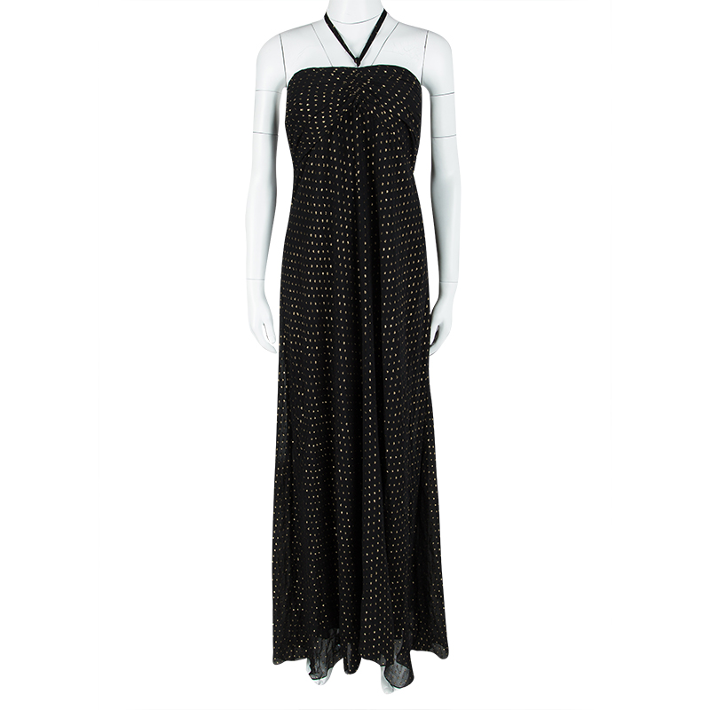 

Ralph Lauren Black Silk Clip Dot Ruched Detail Strapless Dress