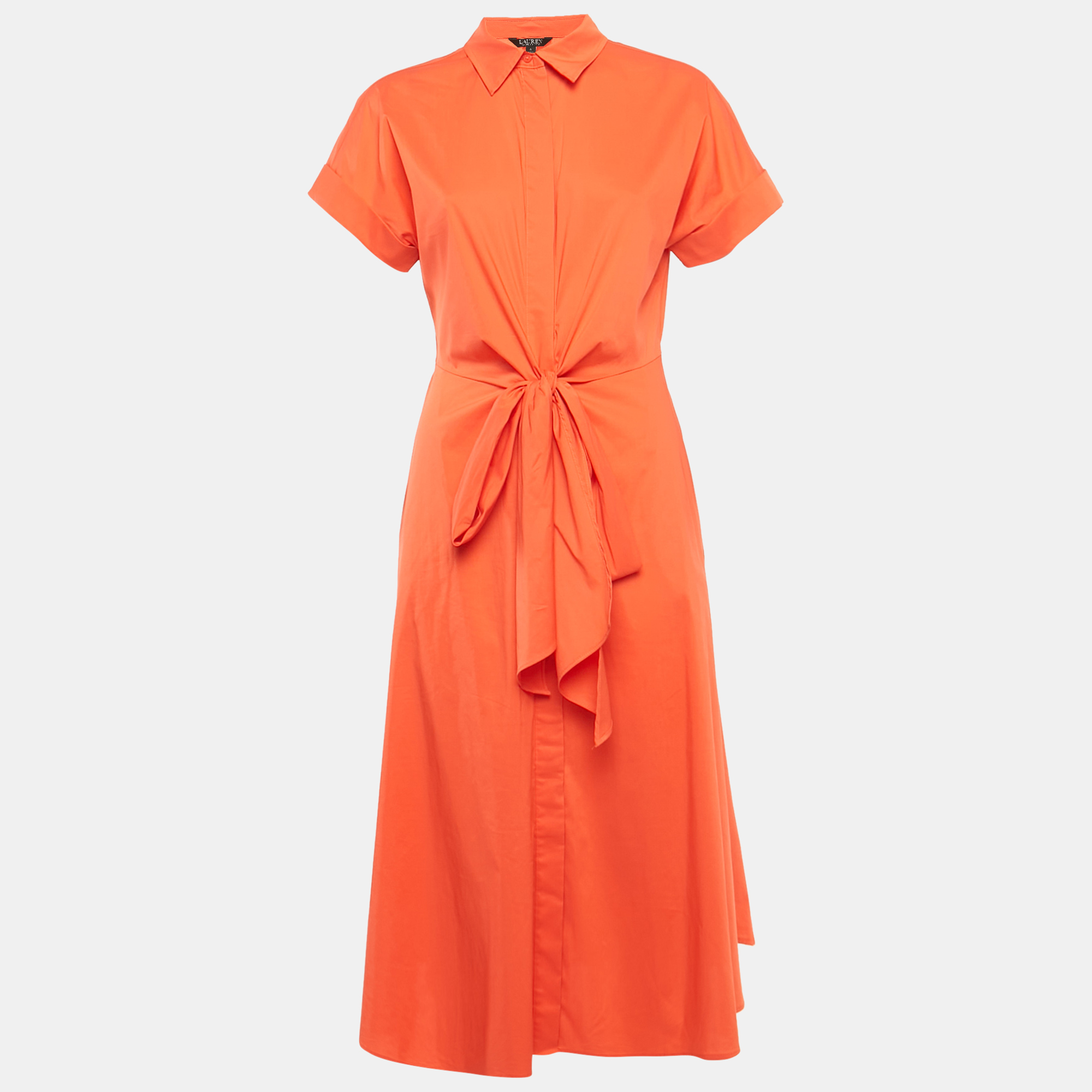 Lauren Ralph Lauren Orange Cotton Tie-Up Detail Midi Dress M