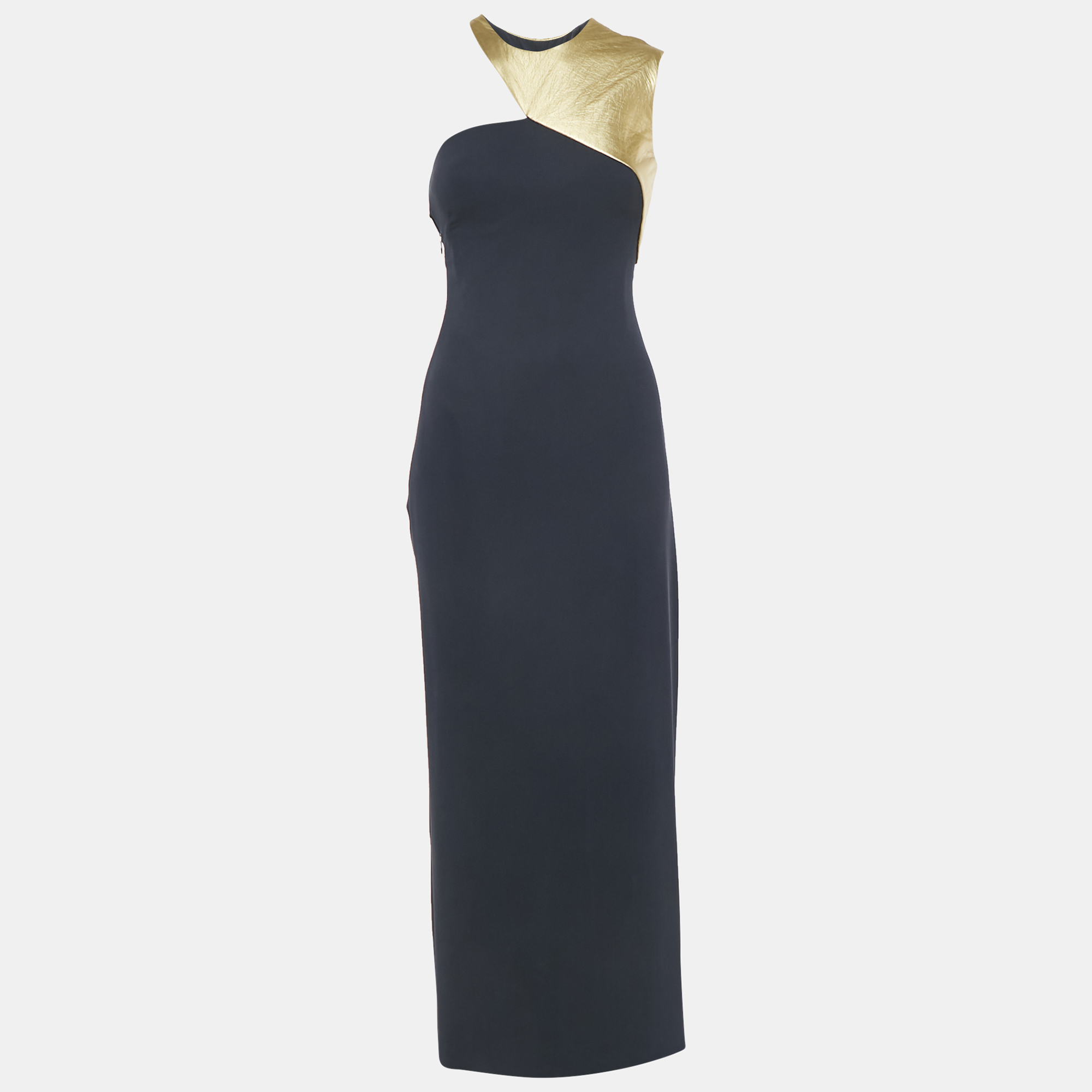 

Ralph Lauren Blue/Gold Leather Trim Crepe Maxi Dress S, Navy blue