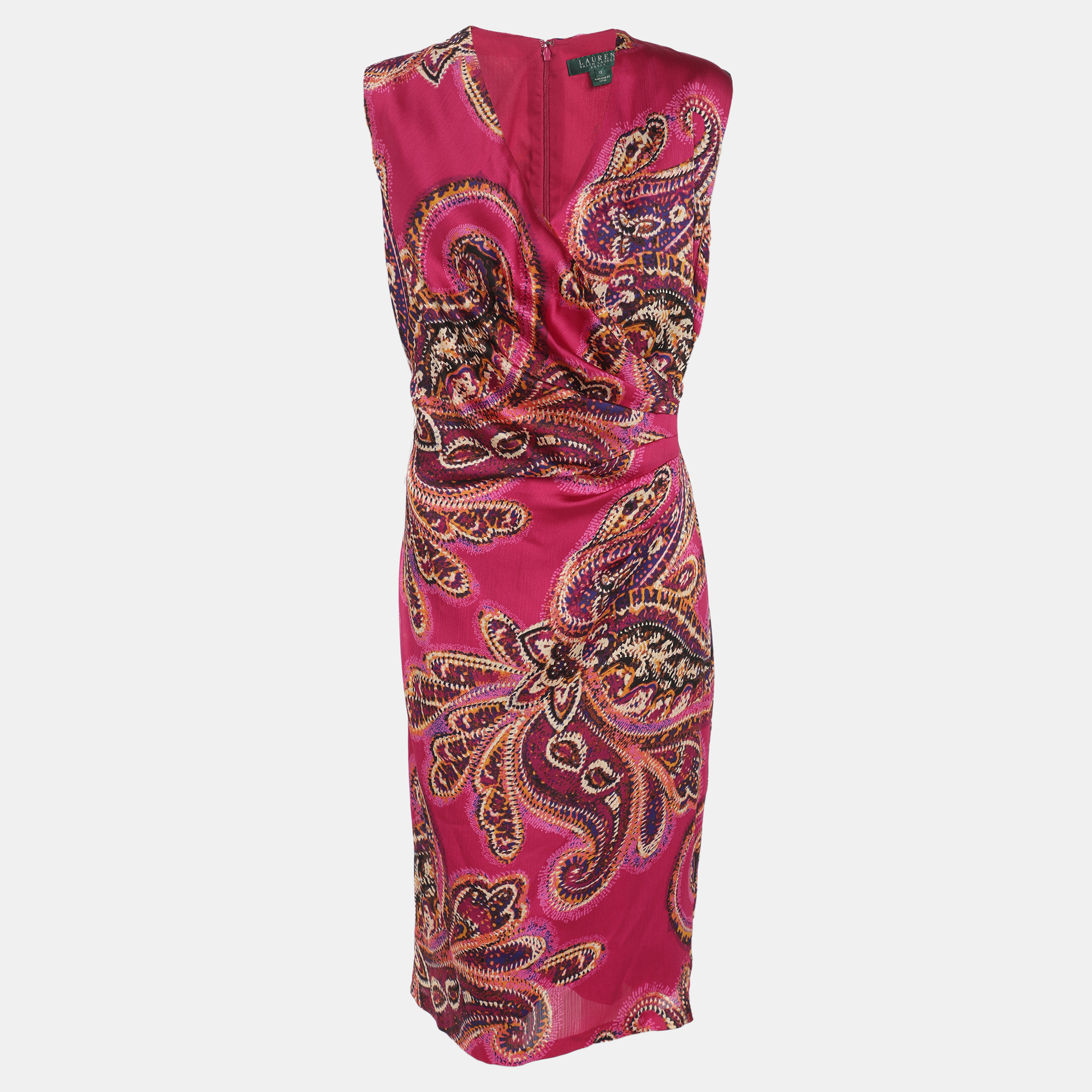 Ralph Lauren Pink Multicolor Paisley Print Midi Dress L