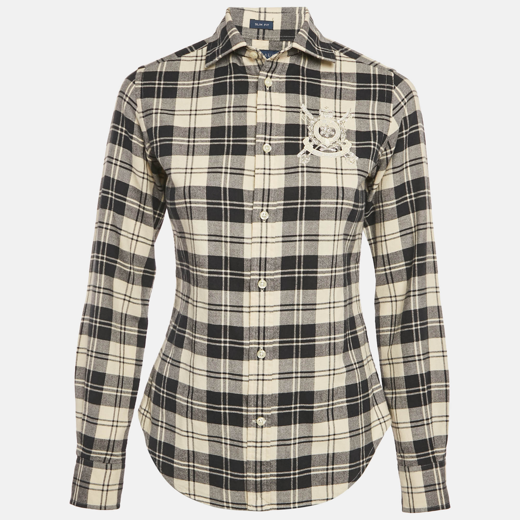 Ralph Lauren Navy Blue /Beige Flannel Cotton Blend Slim Fit Shirt S