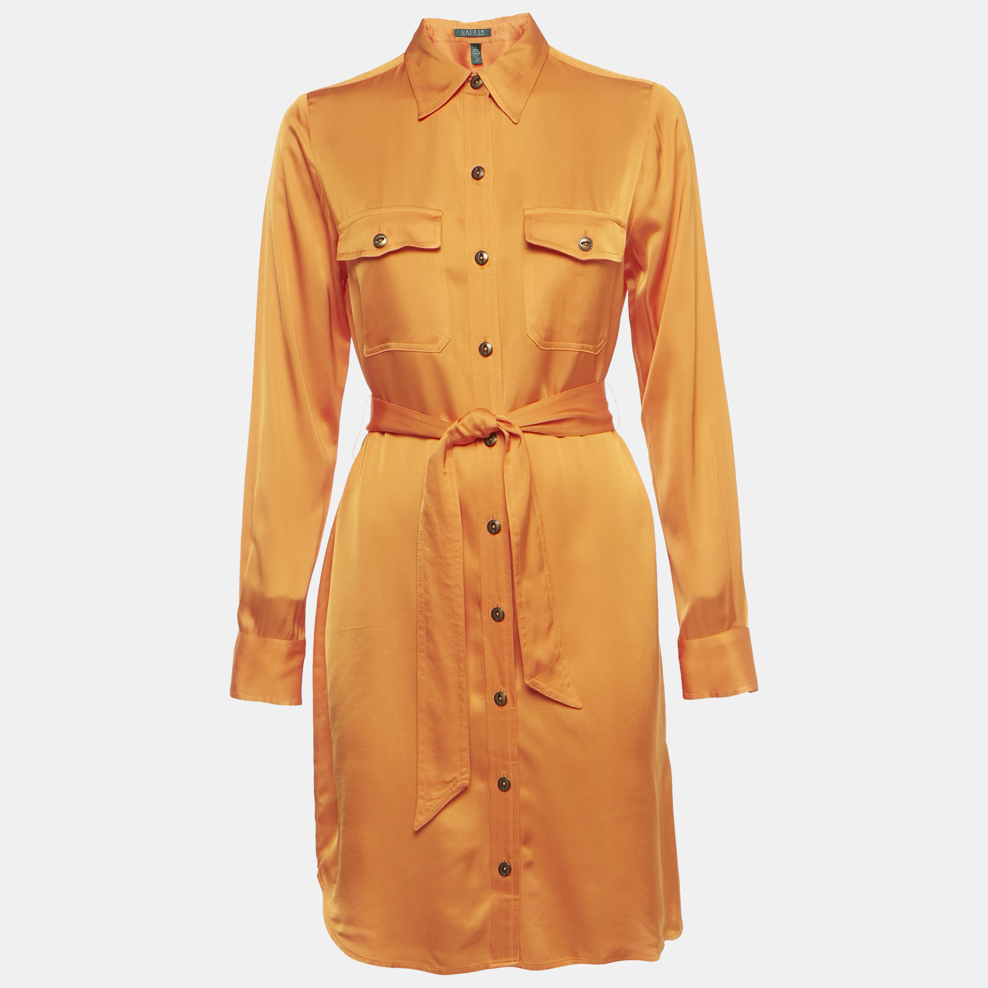 Pre-owned Ralph Lauren Orange Satin Belted Shirt Dress S