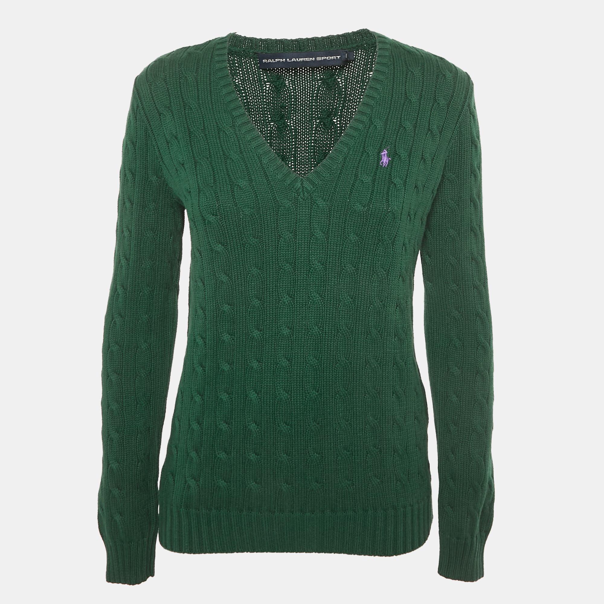 Pre-owned Ralph Lauren Green Logo Embroidered Cable Knit Sweater M