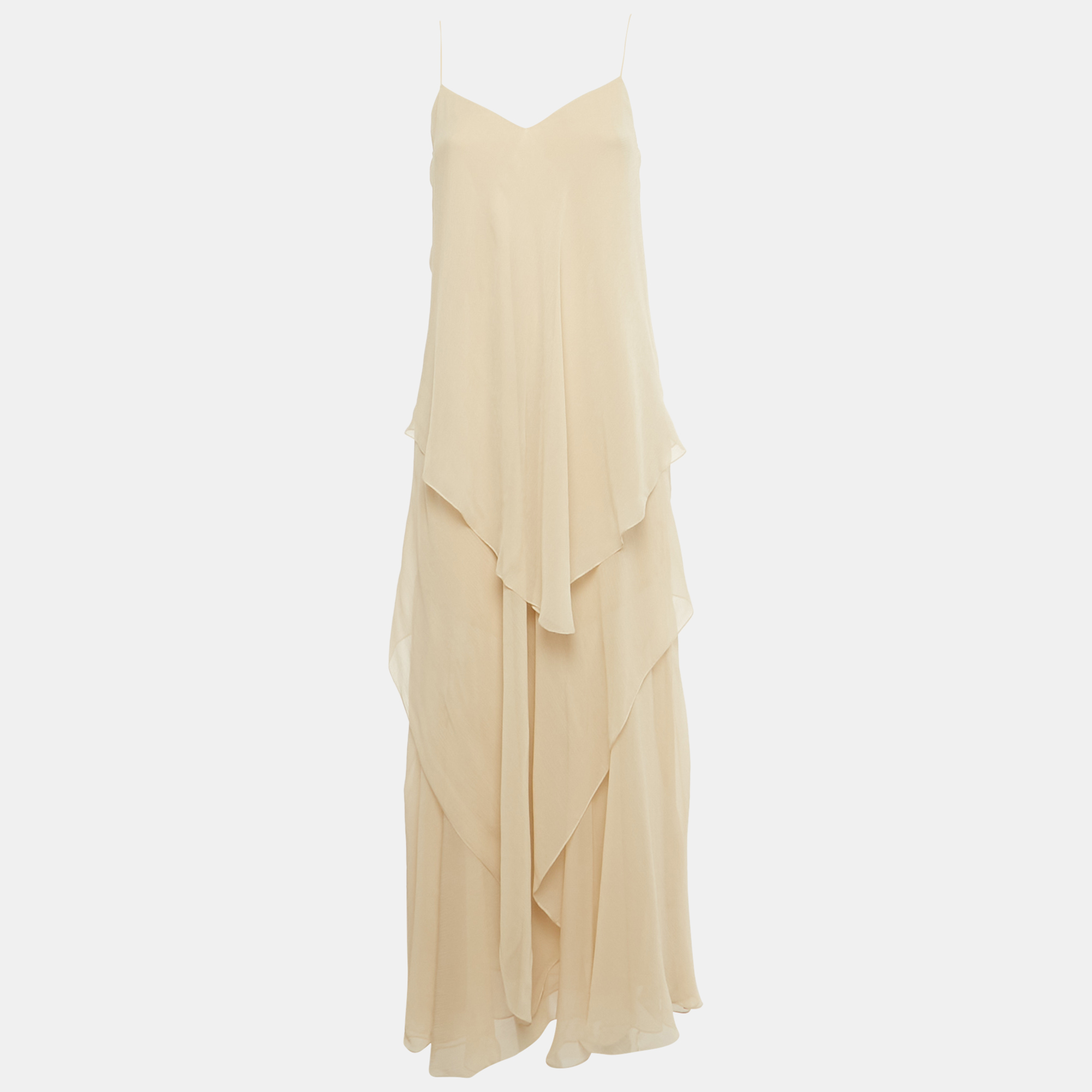 

Ralph Lauren Beige Tulle Silk Ruffle Detail Maxi Dress S