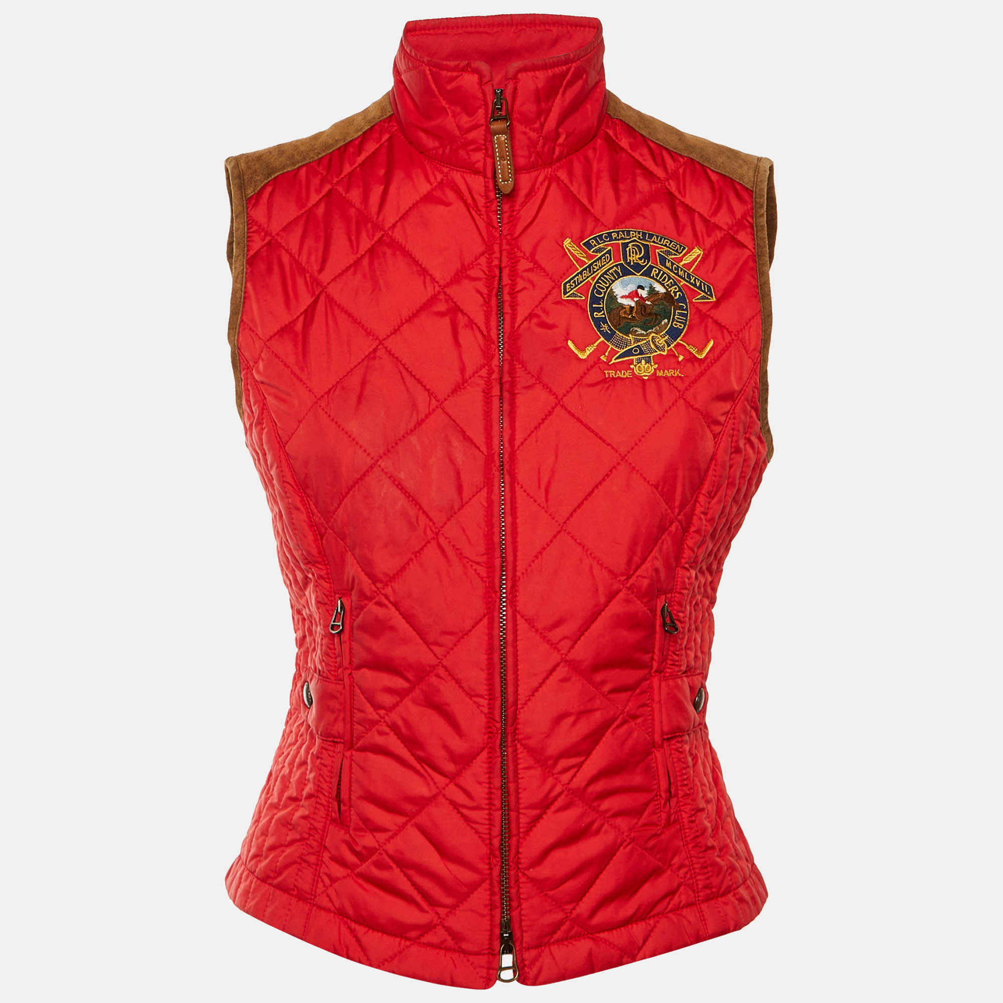Pre-owned Ralph Lauren Red Quilted Suede Trim Zip Up Vest M