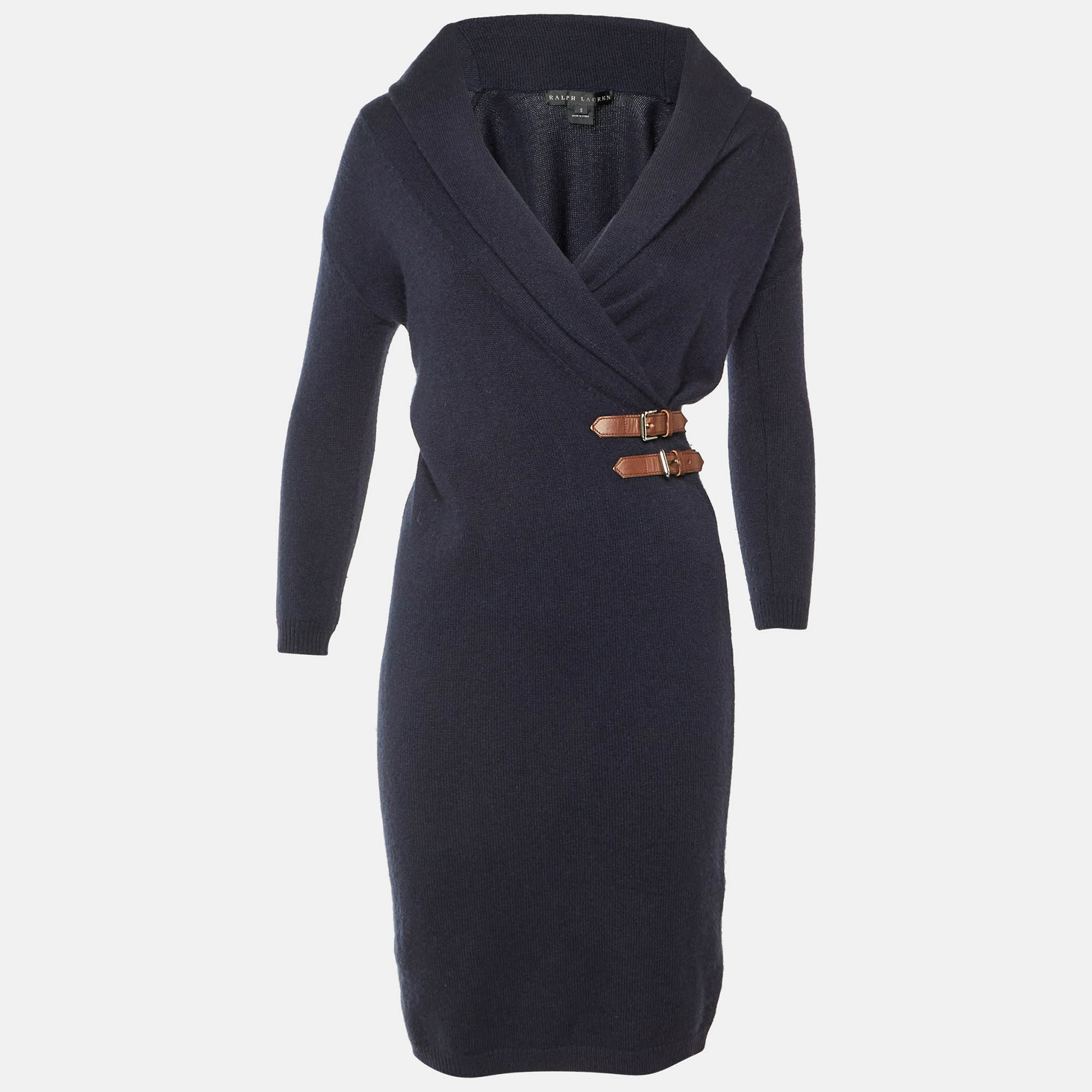 

Ralph Lauren Navy Blue Cashmere & Wool Knit Buckle Detail Midi Dress S