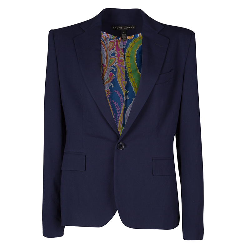 Pre Owned Ralph Lauren Navy Blue Wool Paisley Print Lined Blazer M