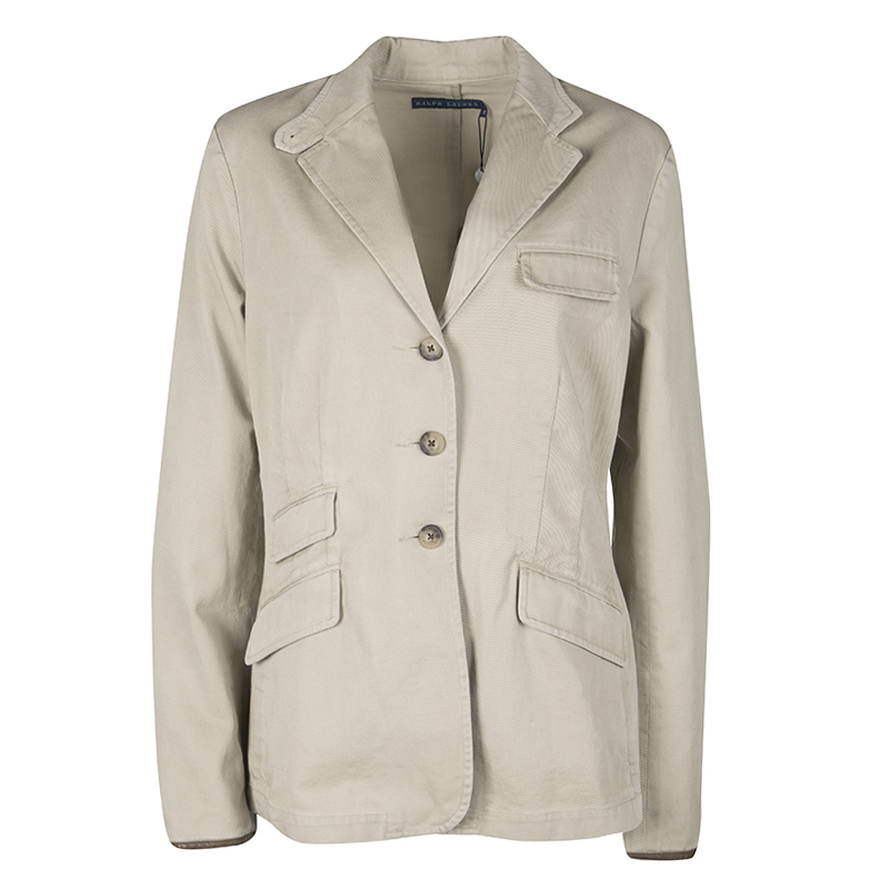 Ralph Lauren Beige Cotton Twill Leather Trim Button Front Jacket L
