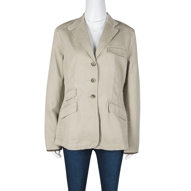 

Ralph Lauren Beige Cotton Twill Leather Trim Button Front Jacket
