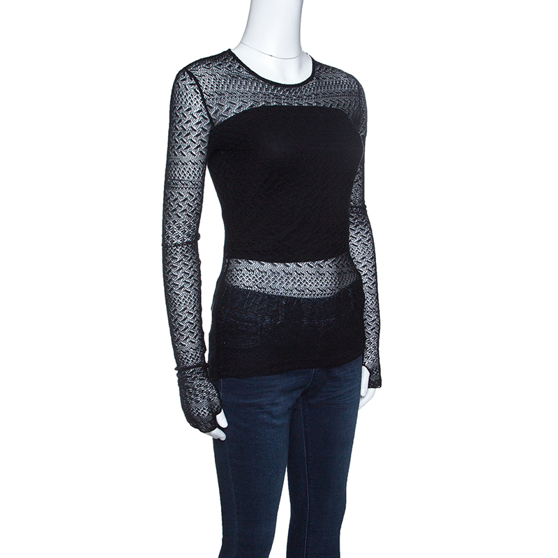 

Ralph Lauren Black Patterned Silk Mesh Long Sleeve Top