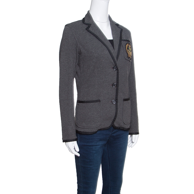 

Ralph Lauren Grey Knit Contrast Trim Logo Applique Detail Blazer