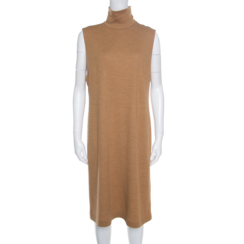 Pre Owned Ralph Lauren Tan Brown Wool Jersey Leather Trim High Neck Shift Dress XL