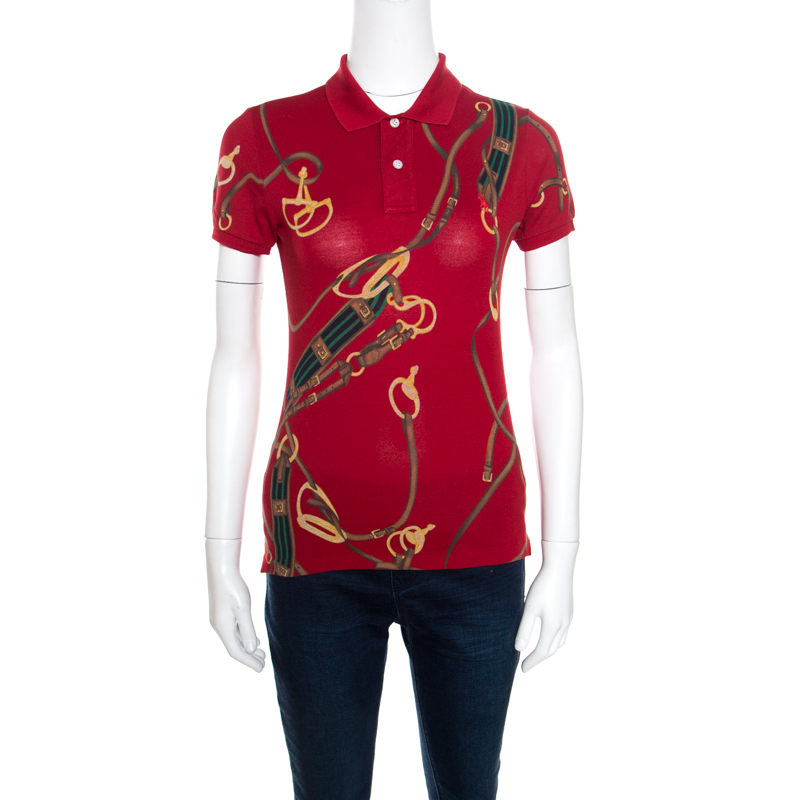 Pre Owned Ralph Lauren Red Bridle Printed Honeycomb Knit Polo T-Shirt S