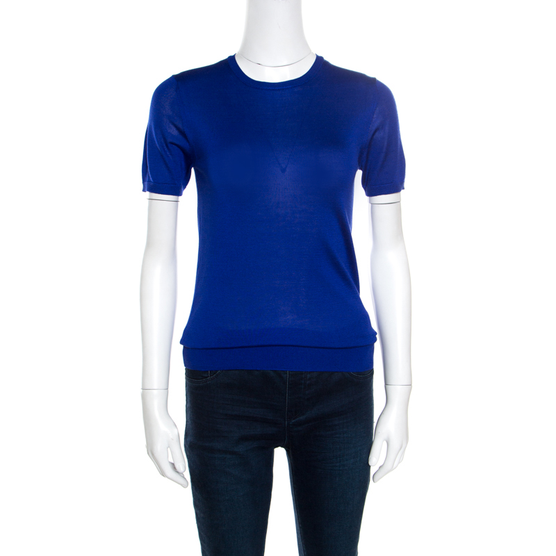 Pre Owned توب رالف  لورين تريكو حرير أزرق كوبالت أكمام قصيرة S