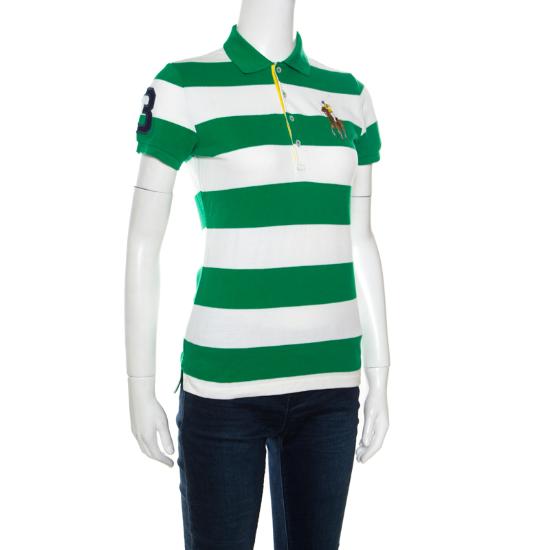 

Ralph Lauren Green and White Striped Honeycomb Knit Logo Embroidered Polo T-Shirt