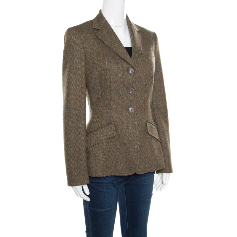 

Ralph Lauren Olive Green Herringbone Patterned Wool Custom Fit Blazer