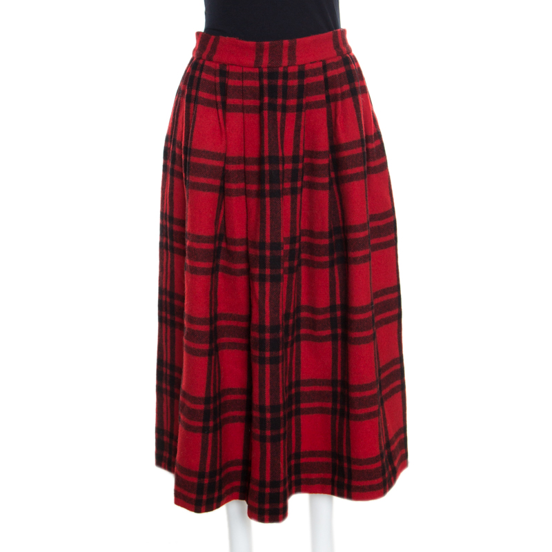 Ralph Lauren Red and Black Plaid Wool Pleated Midi Skirt L Ralph Lauren ...