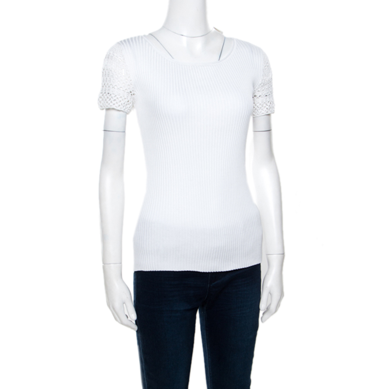 

Ralph Lauren White Ribbed Knit Lace Sleeve Detail Fitted Top