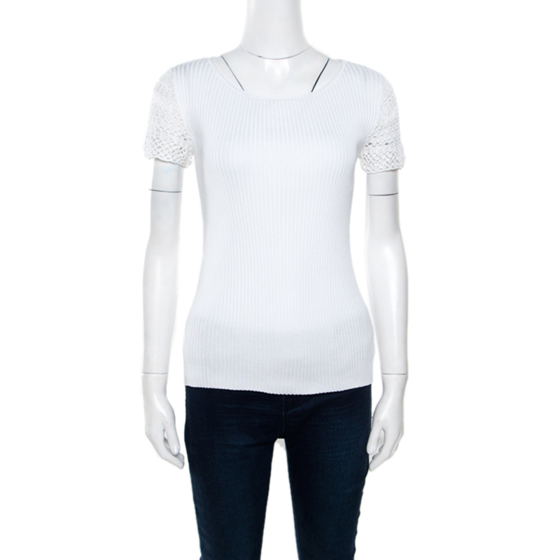 Pre Owned Ralph Lauren White Ribbed Knit Lace Sleeve Detail Fitted Top S