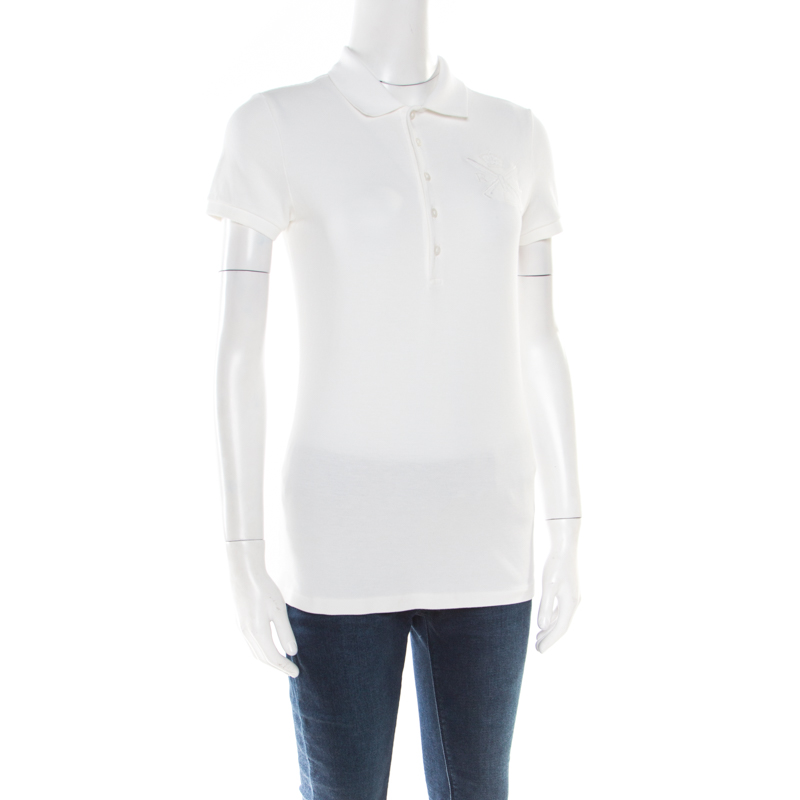 

Ralph Lauren White Honeycomb Knit Pima Cotton Crest Embroidered Polo T-Shirt