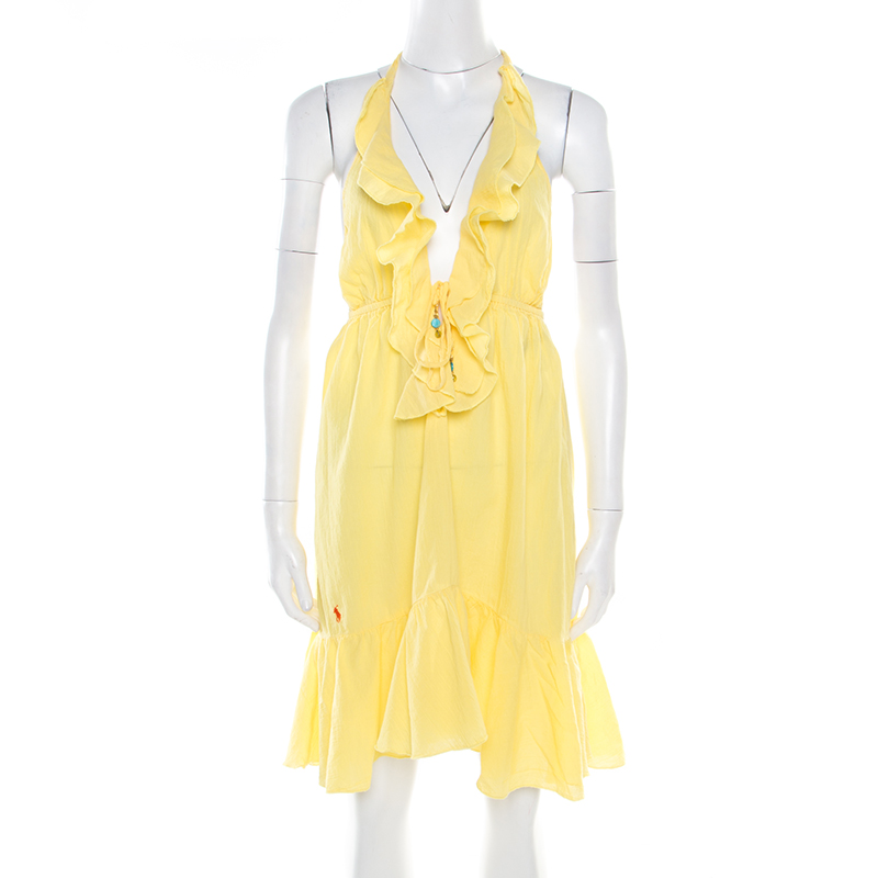

Ralph Lauren Yellow Crinkled Cotton Ruffled Halter Sundress