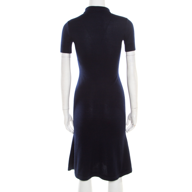 Pre-owned Ralph Lauren Navy Blue Cashmere And Silk Knit Polo Midi Dress Xs