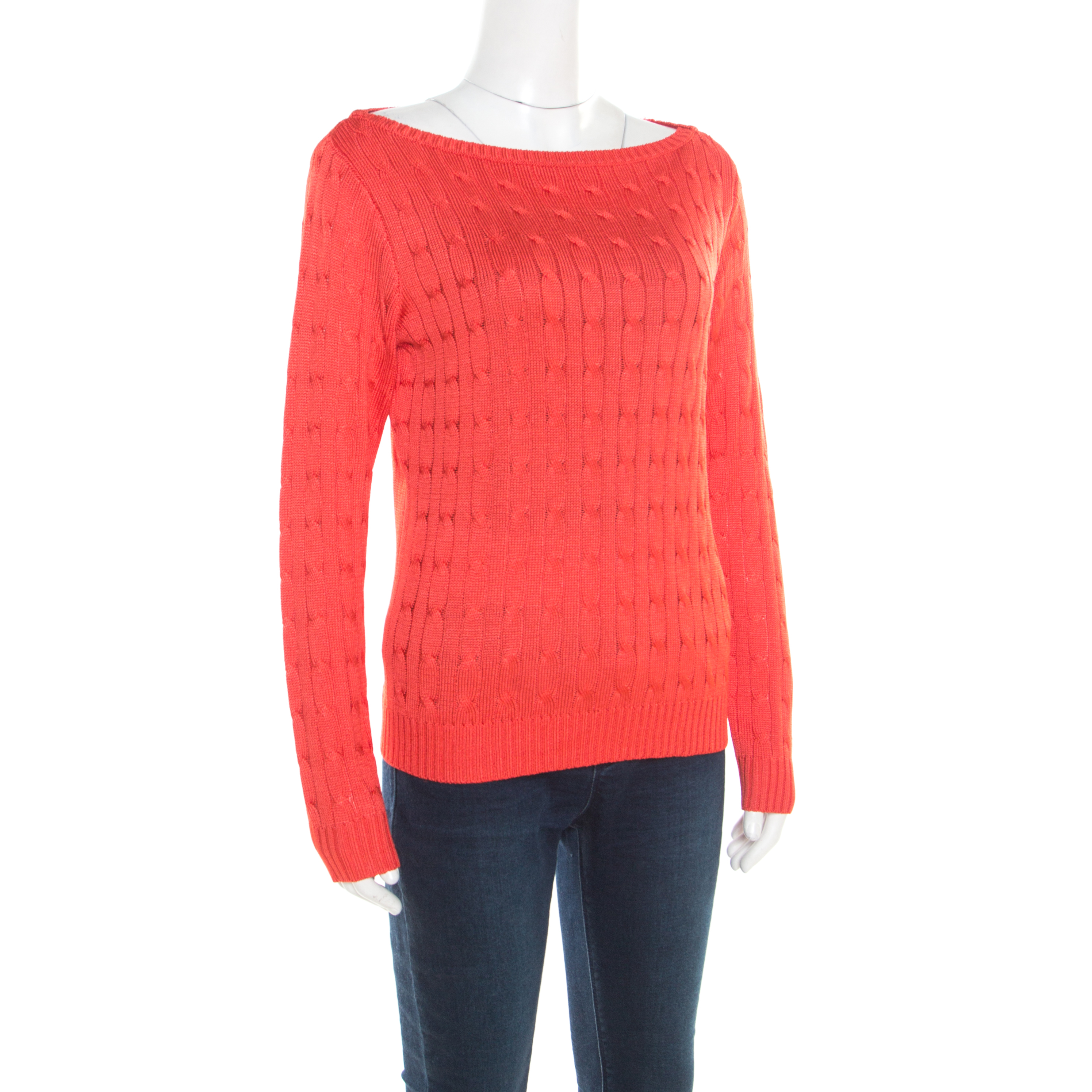 

Ralph Lauren Coral Pink Silk Cable Knit Bateau Neck Pullover