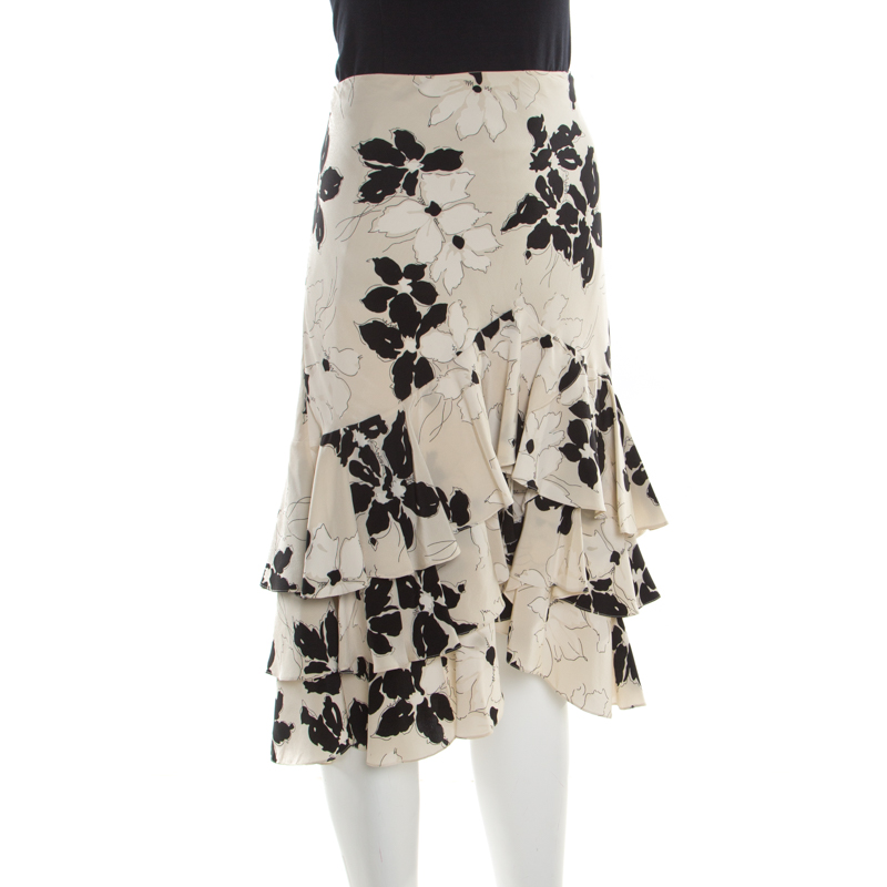 

Ralph Lauren Beige and Black Floral Printed Silk Ruffled Skirt