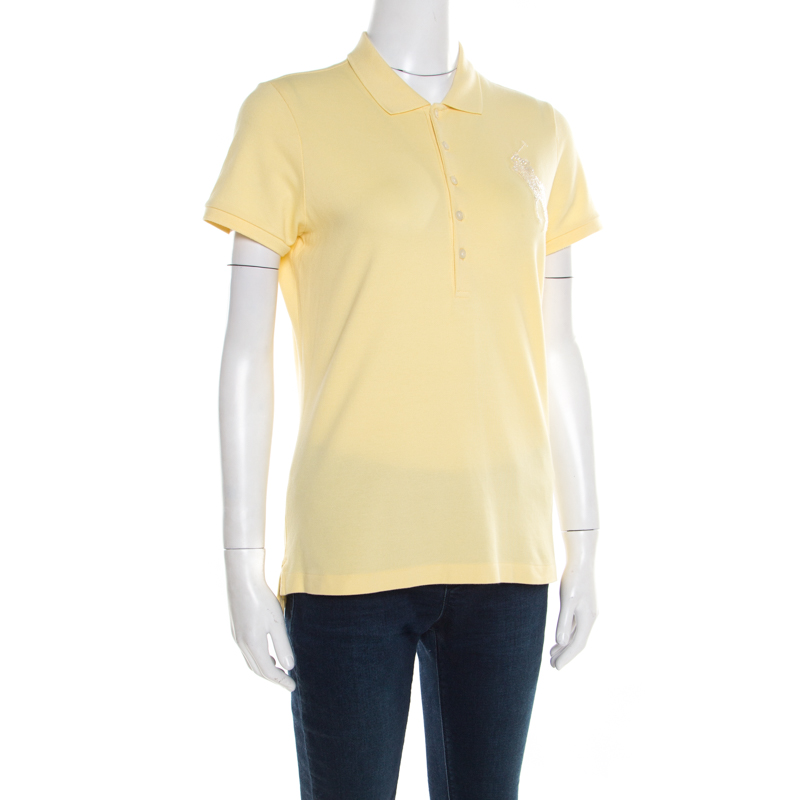

Ralph Lauren Yellow Honeycomb Knit Embellished Logo Detail Polo T-Shirt