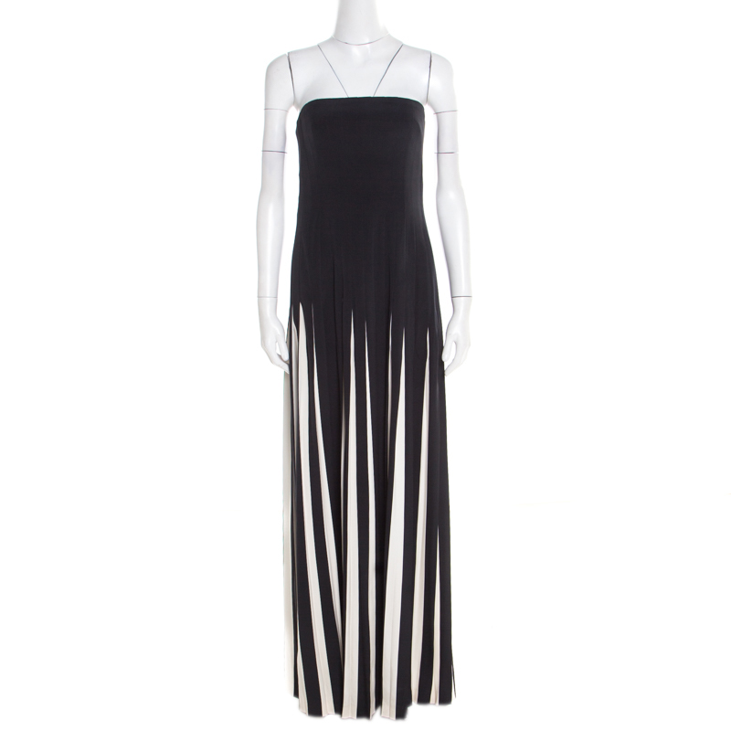 Ralph Lauren Collection Monochrome Striped Silk Pleated Strapless Dress M