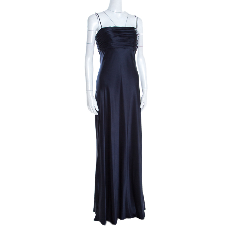 

Ralph Lauren Midnight Blue Silk Pleated Bandeaux Bodice Evening Gown, Navy blue
